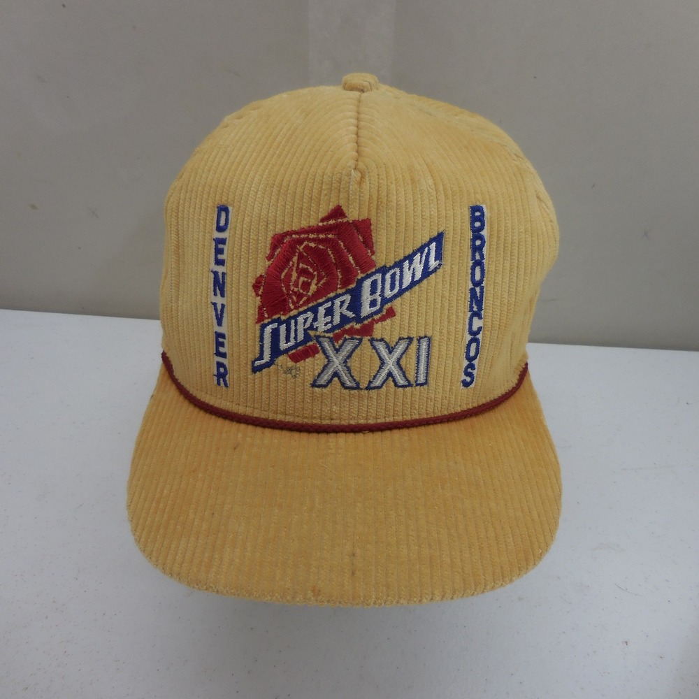 Vintage Denver Broncos Super Bowl XXI Corduroy Snapback Hat Yellow AJD NFL Cap